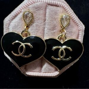 CHANEL VINTAGE Black and Gold Heart Earrings
